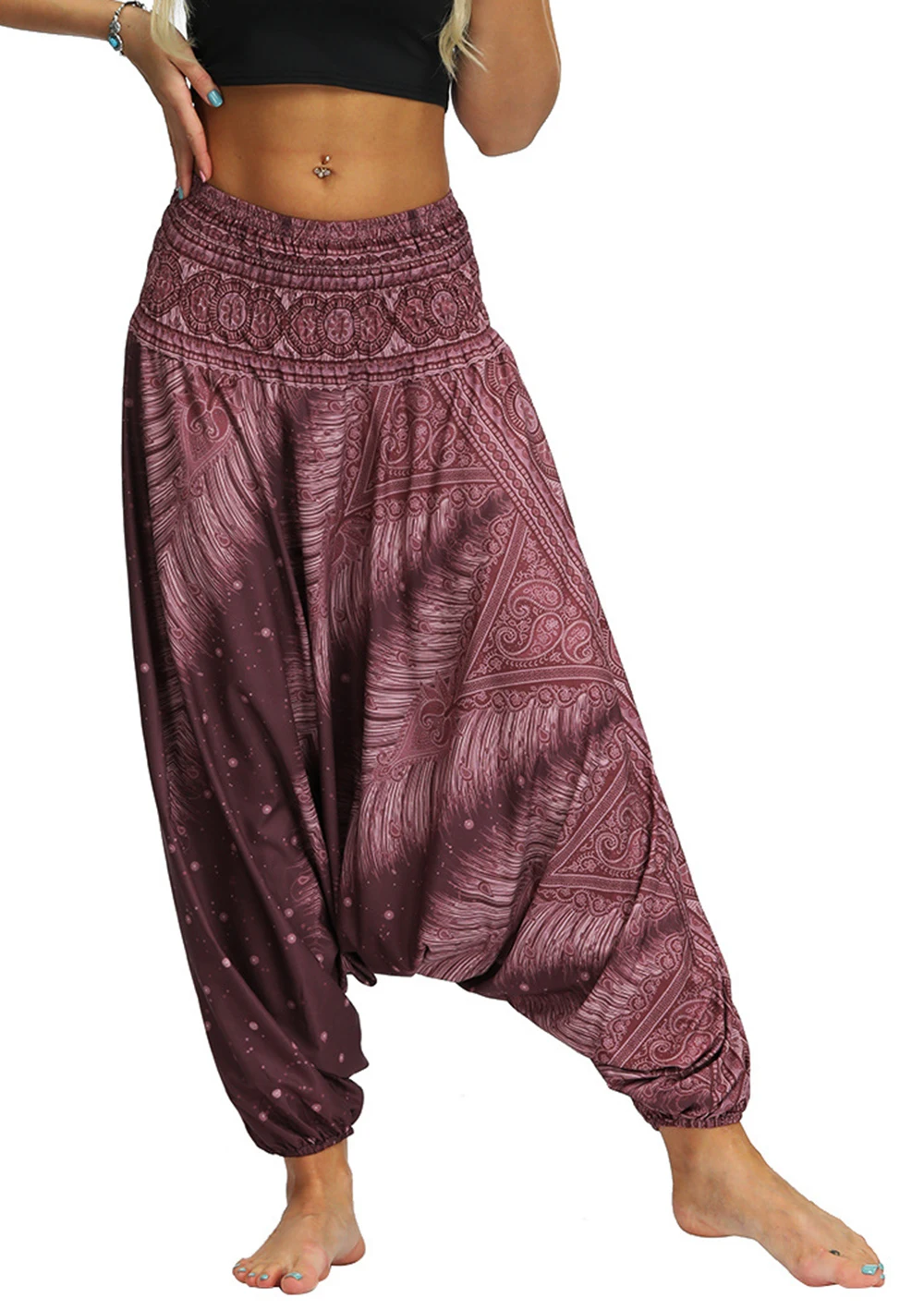 

New Women's Bohemian Yoga Pants Hippy Harem Smocked Waist Trousers Flowy Loose Sports Beach Pants