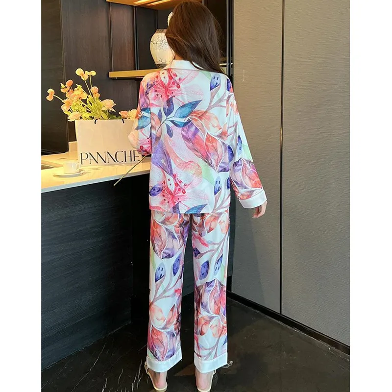 FALLINLAOE Women's Pajamas Set Fashion Colorful Leaves Print Leisure Sleepwear Silk Like Long Homewear Nightwear Femme Petite