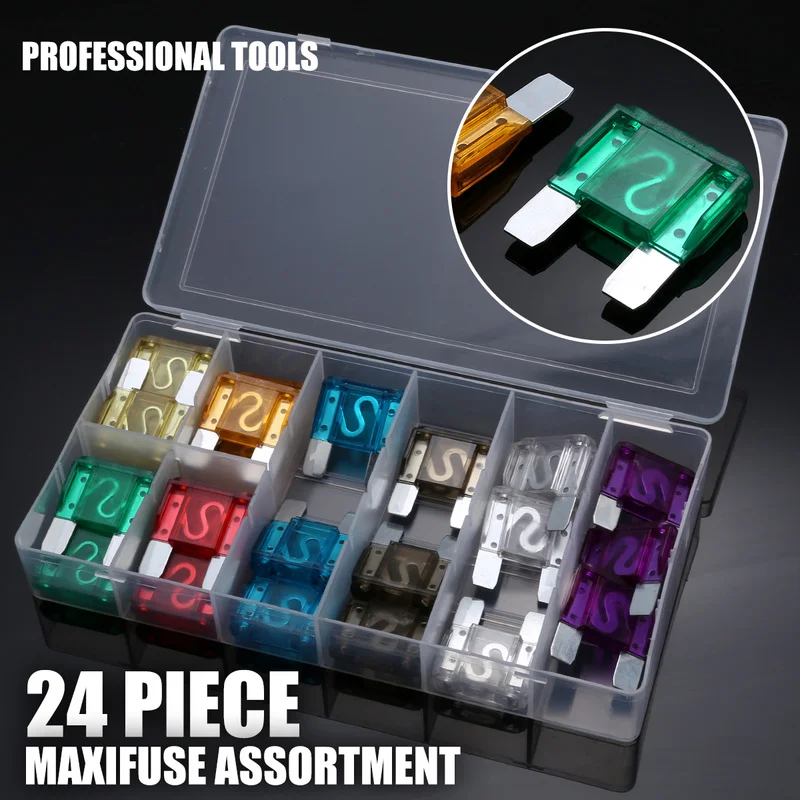 

24pcs Big Blade Fuses Auto Car Truck Fuses 20/30/40/50/60/70/80/100A Large Assortment Kit Accessories with Box