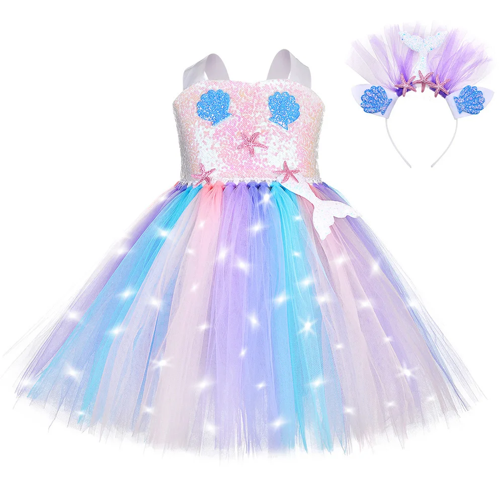 

Lolita Dress Pink Cute Fairy Princess Mermaid Sleeveless Girls' Fish Scale LED Skirt Korean Version Tutu Nylon Sequins M066