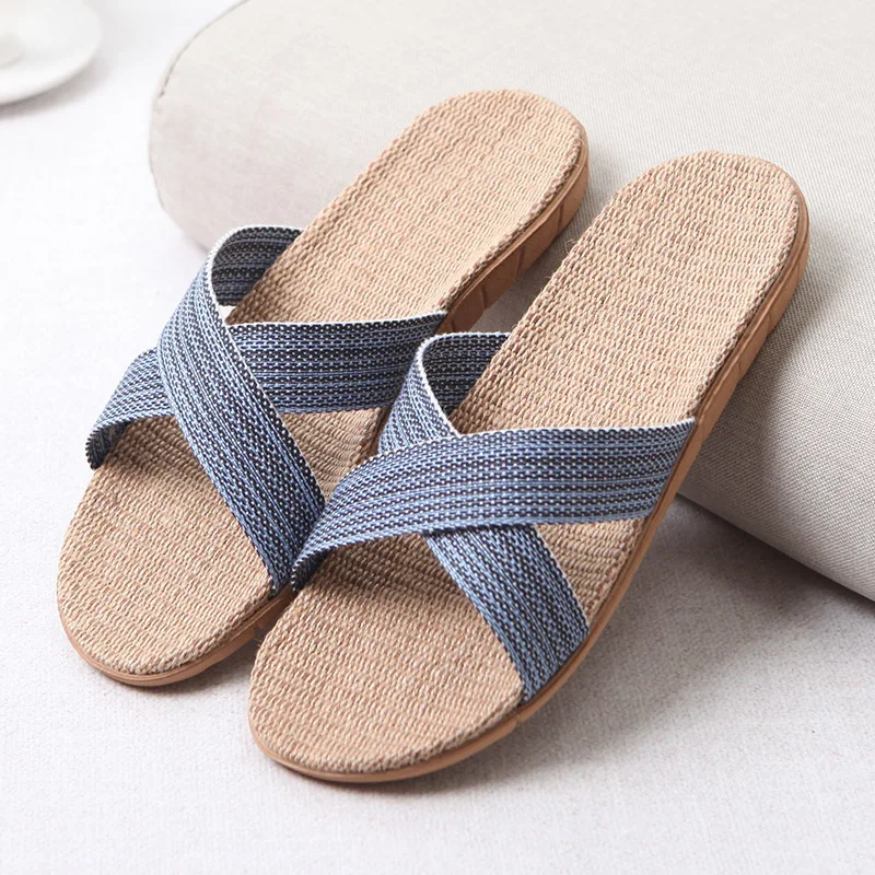 

2022 New Men's Summer Slippers Flat Breathable Linen Casual Sandals Home Bathroom Non-Slip Flip-Flops Indoor Linen Shoes