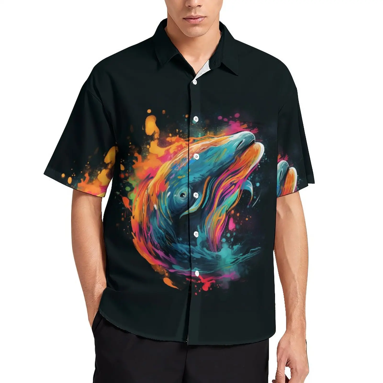

Whale Loose Shirt Mens Beach Flames Animal Head Casual Shirts Hawaiian Design Short-Sleeve Trending Oversized Blouses