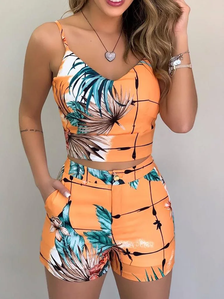 

Women Fashion Casual Two-Piece Set Suits Set Female Summer Clothes Random Print Spaghetti Strap Crop Top & Shorts Sets