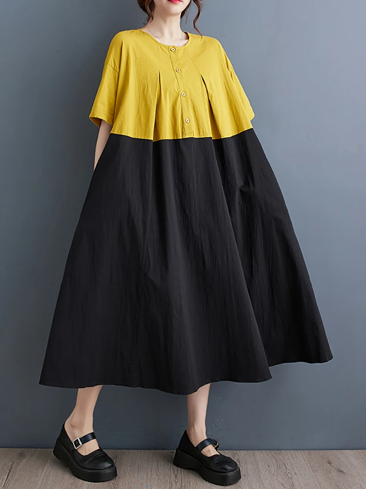 

XITAO лоскутное платье-пуловер со складками, платье-рубашка с круглым вырезом и короткими рукавами, свободное 2023 летнее платье, Новое поступление, Повседневная модная одежда DMJ2220