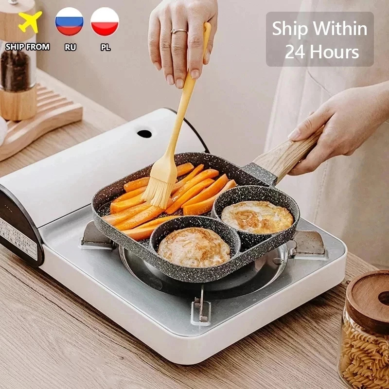 

2/4 Hole Frying Pot Thickened Omelet Pan Black Non-stick Egg Steak Ham Pancake Wooden Handle Kitchen Cooking Breakfast Maker