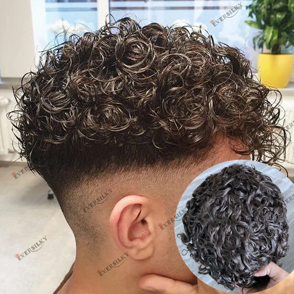 Full Skin Base 20mm Curly Human Hair Men's Toupee Durable Prosthesis System Black/Brown Hair Piece 130 Density Natural Frontline