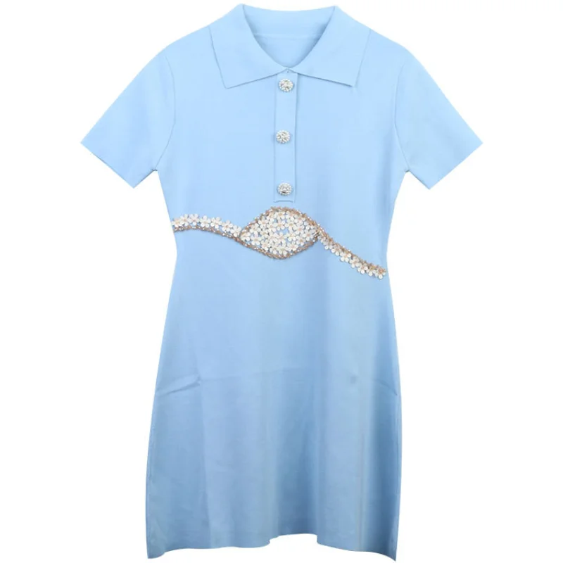 

Pink Sweater Dress Women Short Sleeve Buttons Summer 2023 Knitting A-Line Party Club E Girl Mini Dresses Clothes Elegant Korean