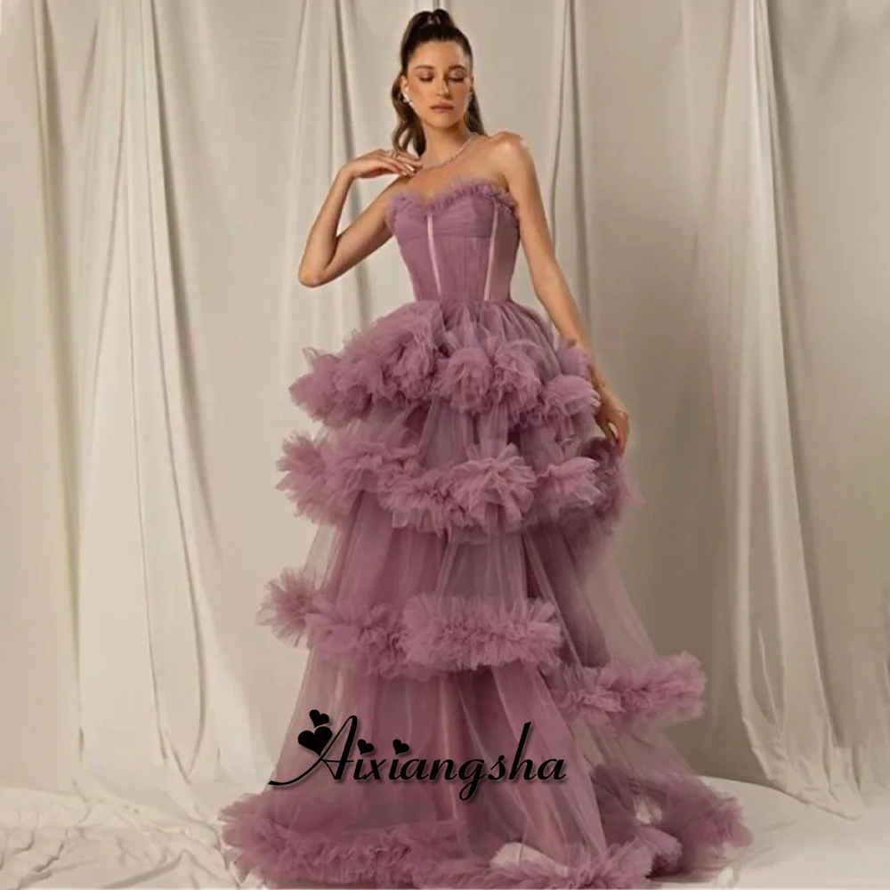 

Aixiangsha Attractive Strapless Evening Dresses Bustier Layered Sleeveless Tulle Floor-Length Personalized Vestidos de Noche