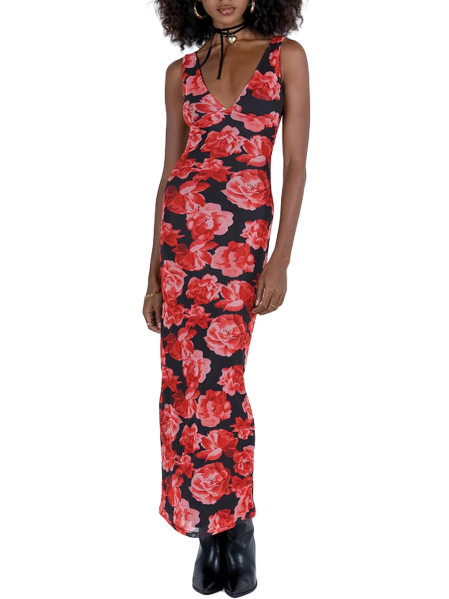 

Женские Платья с цветочным принтом, повседневное женское платье без рукавов с открытыми плечами и V-образным вырезом, для клуба, для весны и лета