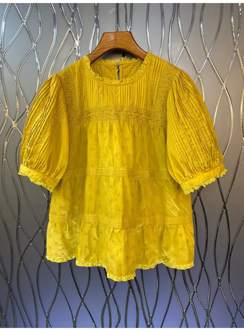High Quality Cotton Blouse 2022 Summer Fashion Tops Women Allover Exquisite Embroidery Short Sleeve Casual Yellow Tops Female