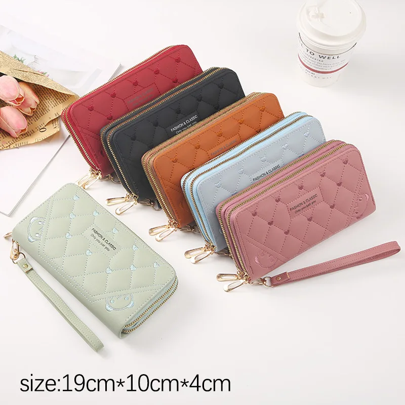 

Long Casual Wallet for Women New Clutch Bag Female Double Layer Zipper Embroidery Large Capacity Wristband Mobile Phone Bag