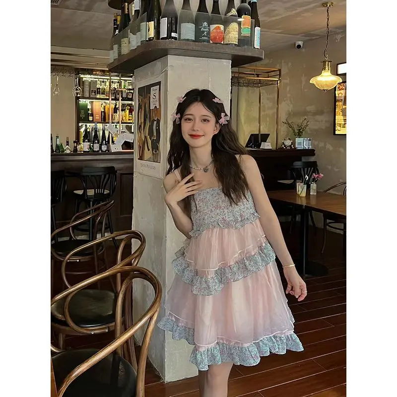 

2023 Spring Fashion New Style Women's Mori First Love Strap Fragmented Flower A-line Fluffy Escape Princess Dress