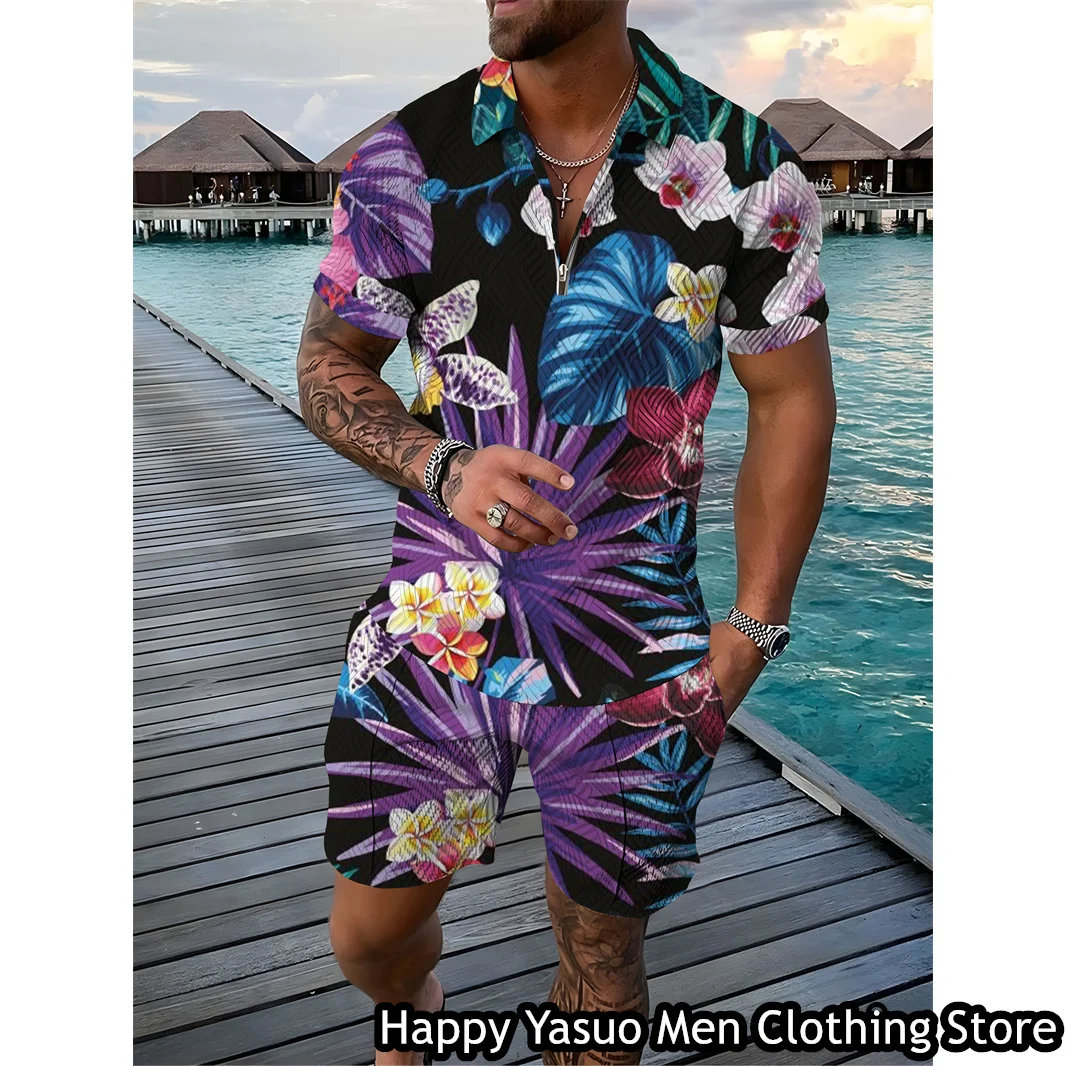 Summer Men Fashion Polo Shirt Set Coconut Print Tracksuit 2 Pieces Casual Outfit Male Suit Retro Style Clothing Streetwear