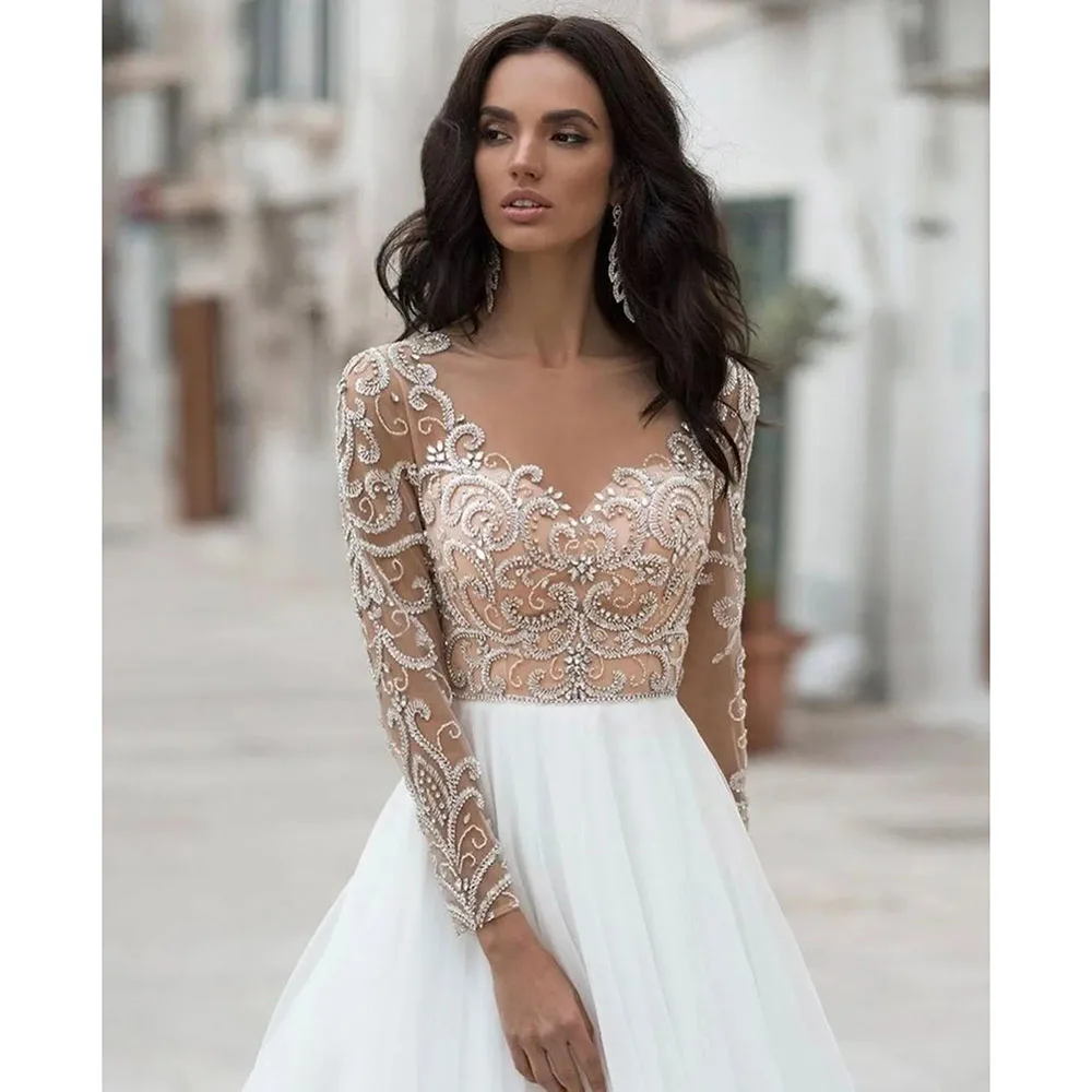 Элегантное свадебное платье с длинным рукавом аппликацией из органзы вышивкой