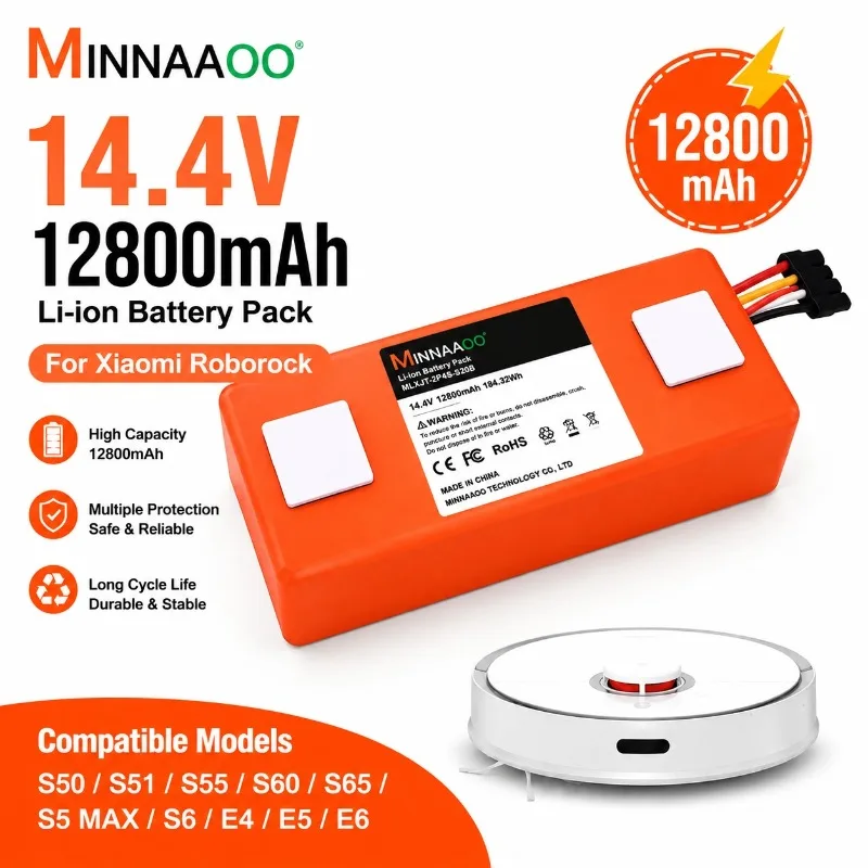 Фото Литий-ионный аккумулятор MINNAAOO 14,4 В, 12800 мАч для роботов-пылесосов Xiaomi Roborock S50 S51 S55 S60 S65 S5 MAX S6, замена №1