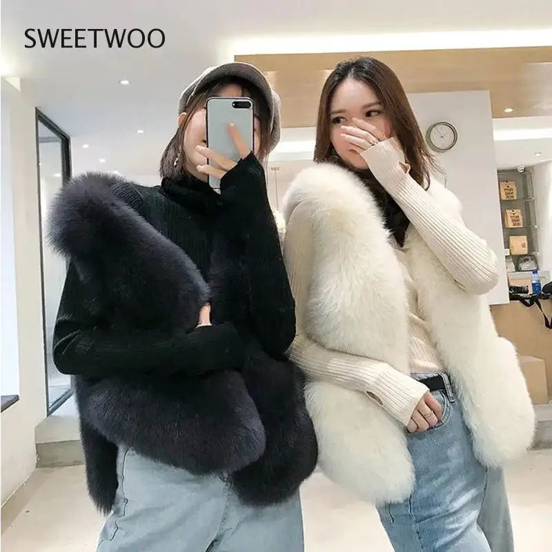 Autumn Winter Solid Imitation Fox Fur Vests Korean Sexy Sleeveless Pocket Cardigan Jackets New Slim 4 Colors Streetwear Clothing