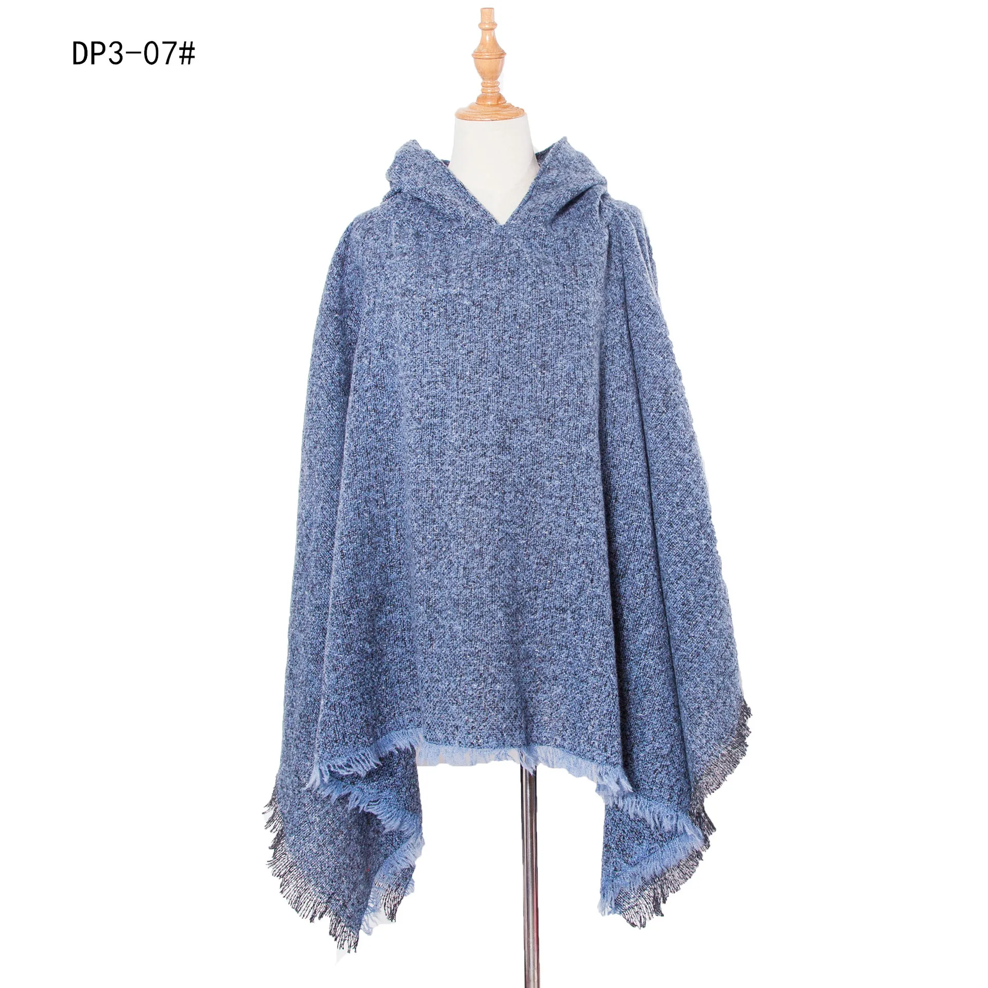 

Autumn Winter New Loop Yarn Hooded Pullover Tourism Solid Color Cape Women Fashion Street Poncho Lady Capes Blue Cloaks