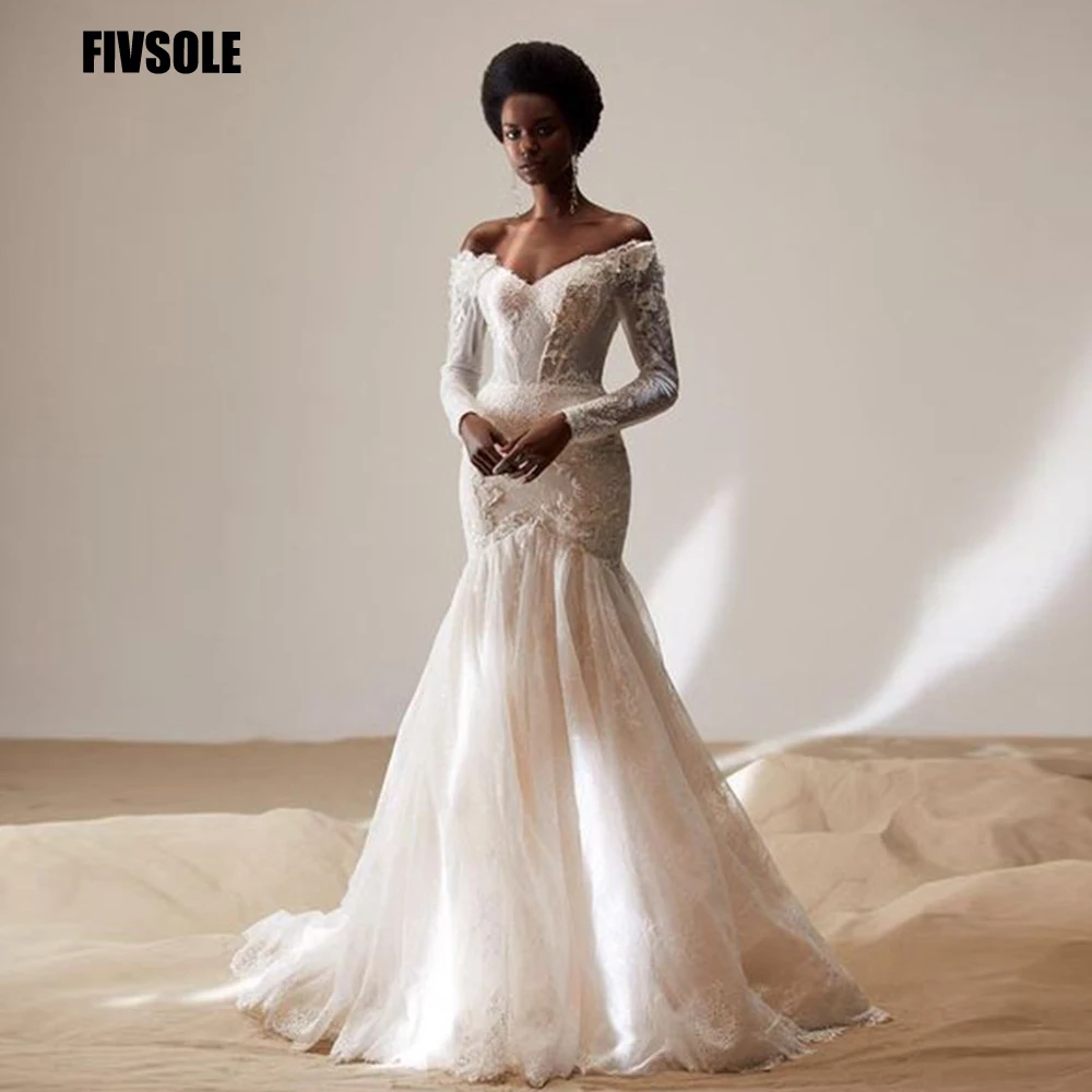 

Женское свадебное платье с юбкой годе Fivsole, кружевное платье с длинным рукавом, элегантное Тюлевое платье со шлейфом и цветочной аппликацией