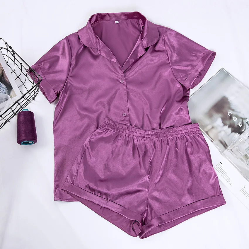 Stain Silk Pijamas Women 2 Piece Set Summer Short-sleeved Single-breasted Lapels Shirts Casual Loose Shorts Loungewear Woman Pjs