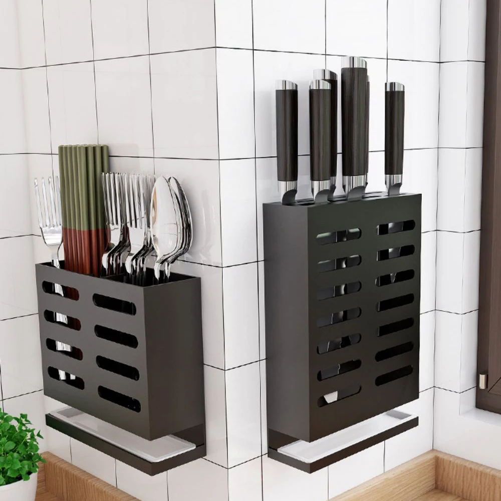Цена Стеллаж для кухни, черный алюминиевый держатель для сливных ножей, настенная полка, органайзер, аксессуары Pаспродажа Стеллаж для кухни, черный алюминиевый держатель для сливных ножей, настенная полка, органайзер, аксессуары