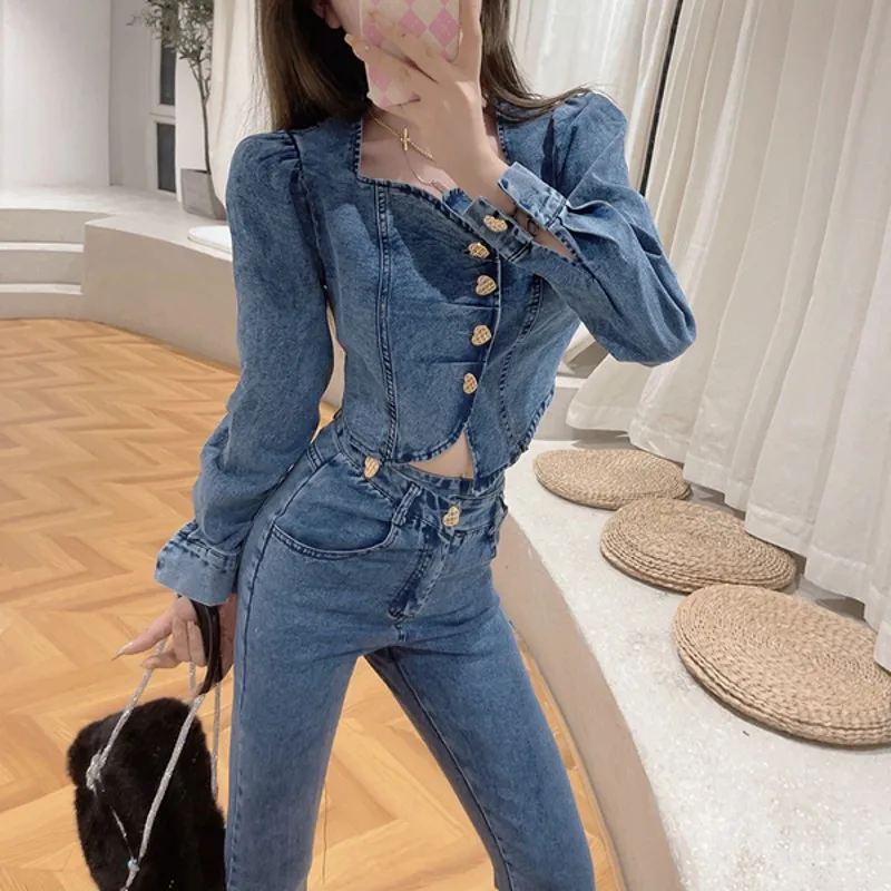 

Весенний джинсовый костюм 2022 в европейском стиле, Модный укороченный джинсовый топ с пышными рукавами + узкие джинсовые брюки, комплект из д...