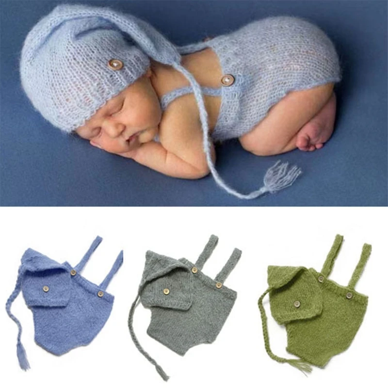 2 Pcs Newborn Photography Props Crochet Outfit Baby Romper Hat Beanies Cap Set