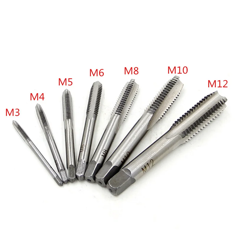 

7Pcs metric hand taps drill bits set M3-M12 bearing steel machine spiral point square shank straight grooved thread tapping tool