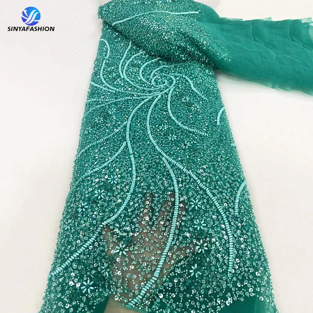 Голубая зеленая африканская блестящая французская Тюлевая кружевная ткань