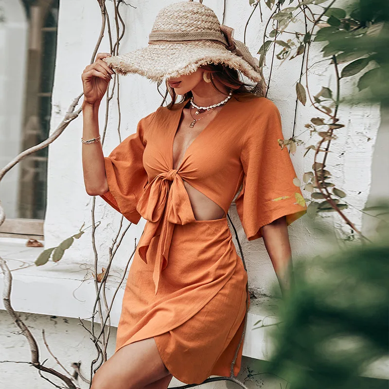 

Sexy Orange Women Deep V Neck Lace Up Bust Mini Dress Simple Short Sleeve Ladies Holiday Party Dress 2022 Vestidos 100% Cotton