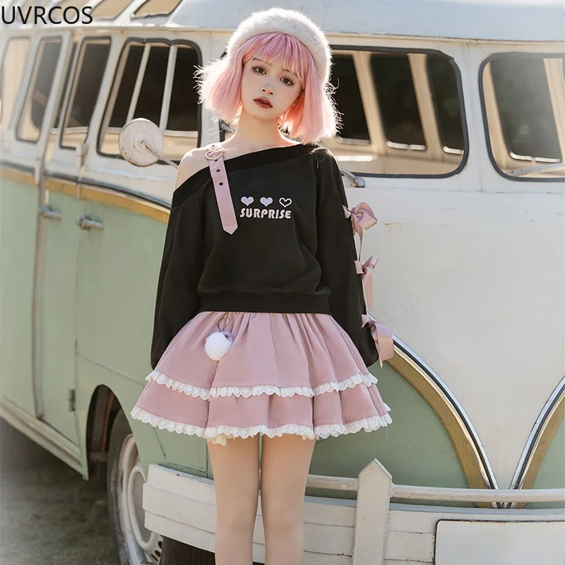 Spring Chic Gothic Skirt Sets Japan Girls Sweet Lolita Cute Heart Black Off Shoulder Hoodies Mini Skirts Suit Women 2 Piece Set images - 6