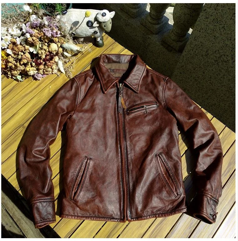 

Free shipping.Heavy washed vintage brown cowhide jacket.Cool slim motor rider genuine leather coat.Retro 1930s leather cloth