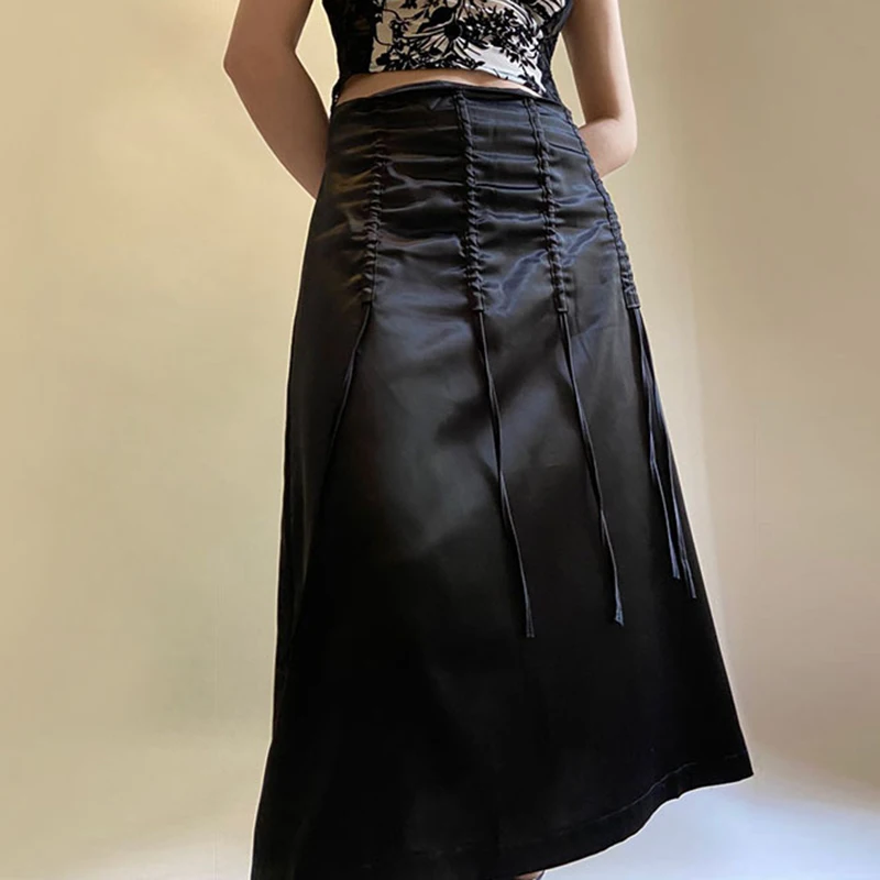 

Y2K Aesthetic Dark Academia High Waist Midi Skirt Vintage Black Ruched A-line Skirt E-girl Gothic Grunge Harajuku Korean Fashion