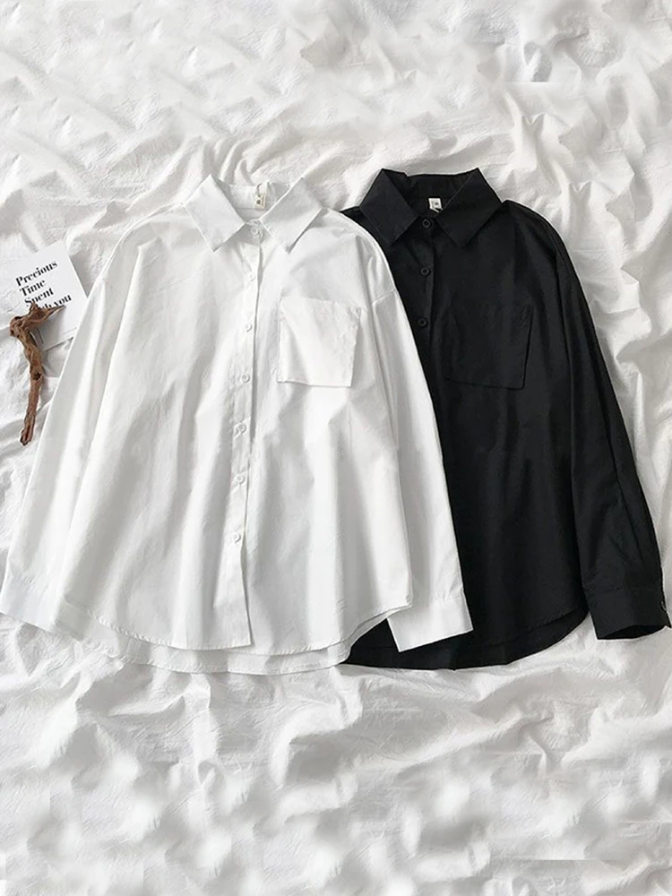ZOKI White Women School Shirts Fashion JK Preppy Style Spring Japan Long Sleeve Girls Black Shirt Harajuku Button Up Ladies Tops
