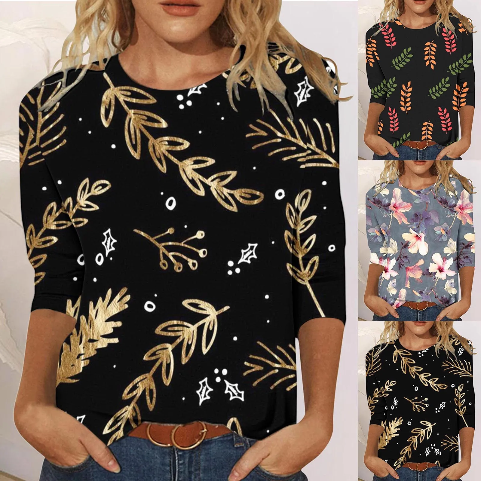 

Womens Casual Fashion Crew Neck Printing Three Quarter Sleeve TShirt Womens Loose Fit Workout Shirts Shirt Women Long Sleeve