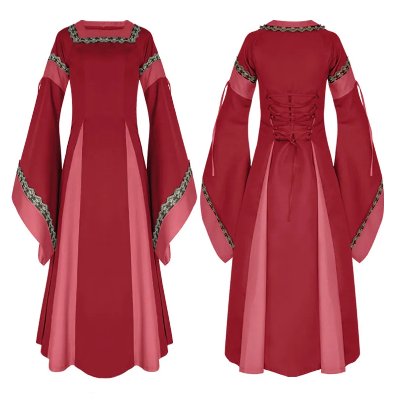 

Women Flare Sleeve Long Dress Renaissance Medieval Dress Halloween Costumes Cosplay Vintage Victorian Gown Party Stage Clothes