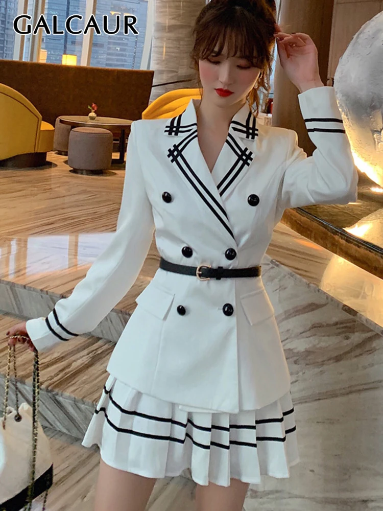 

GALCAUR Korean Sets Female Lapel Long Sleeve Double Breasted Coat With High Waist Pleasted Skirt Two Piece Set For Women Fashion
