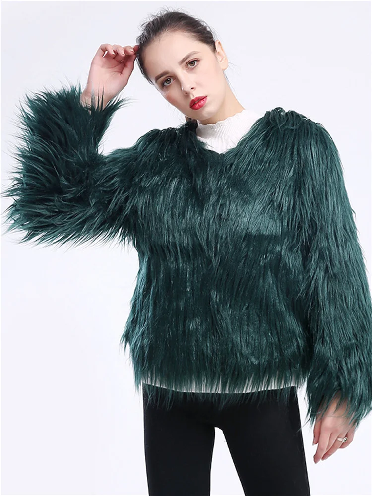 Faux Fur Coat Women 2022 Autumn Winter New Fashion Short Slim Long Sleeve Pockets Black Pink Water Wash Lamb Hair Outwear Female