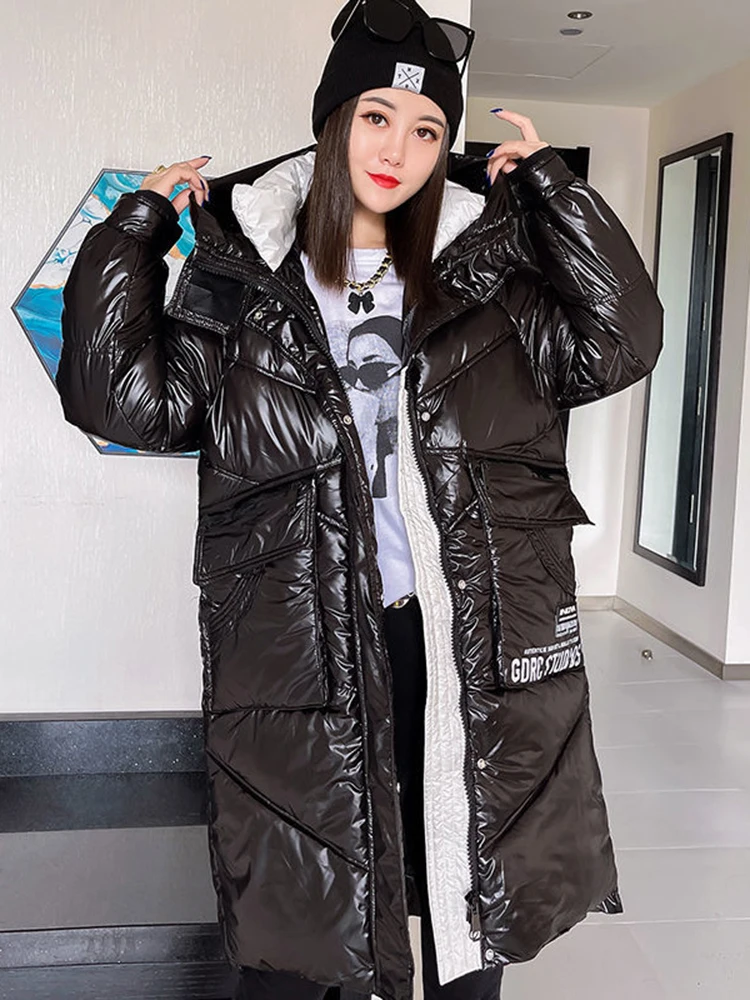 Winter Down Coat Women 2023 Long Parka Warm Winter Snow Jacket Casual Thick Hooded Black Puffer Jacket Bright Streetwear