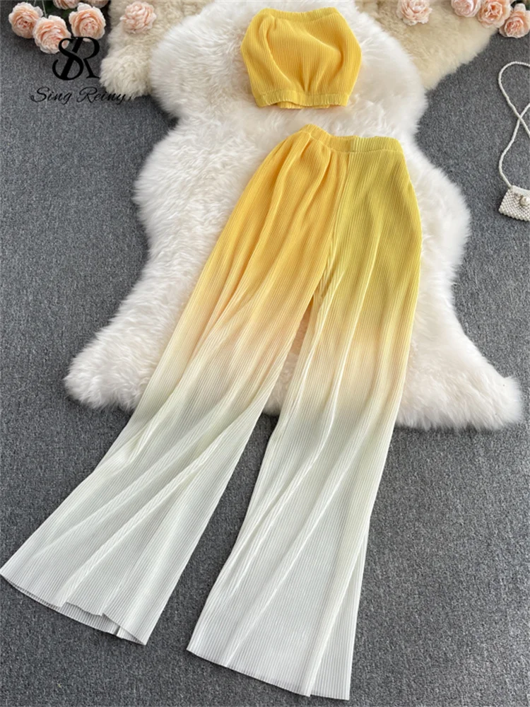 

Women Summer Fashion Korean Set Sexy Off Shoulder Strapless Short Tops+High Waist Gradient Long Pants Two Piece Suits