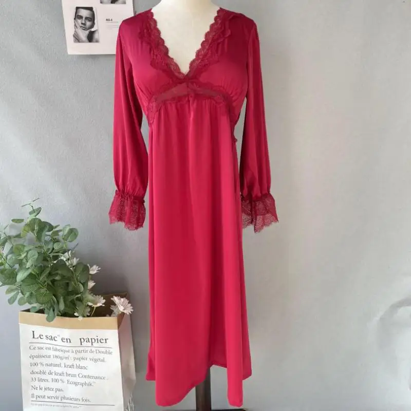 Women Sleepwear Satin Nightdress With Lace Nightgown Sleep Dress Long Sleeve Intimate Hollow Out Lingerie Home Dressing Gown