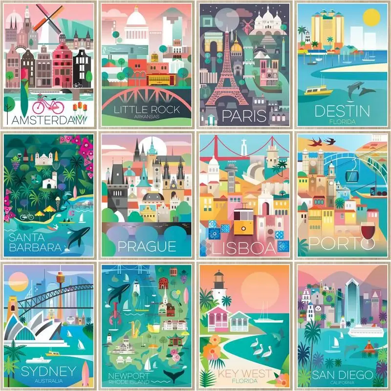 

DIY Digital Oil Painting Cartoon City Poster Landscape Handpainted Art Wall Living Room Decor Nursery Home Decor Kill Time Gift