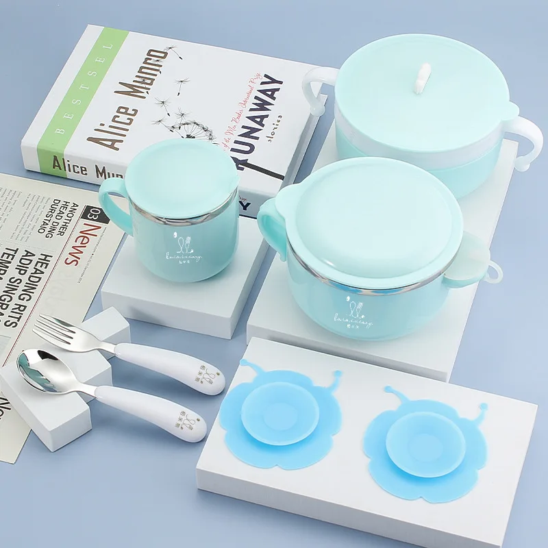 

Baby Bowl Insulation Bowl Stainless Steel Fork Spoon Set Tableware Table Child Training Food Bowl Water Cup BPA Free Dinnerware