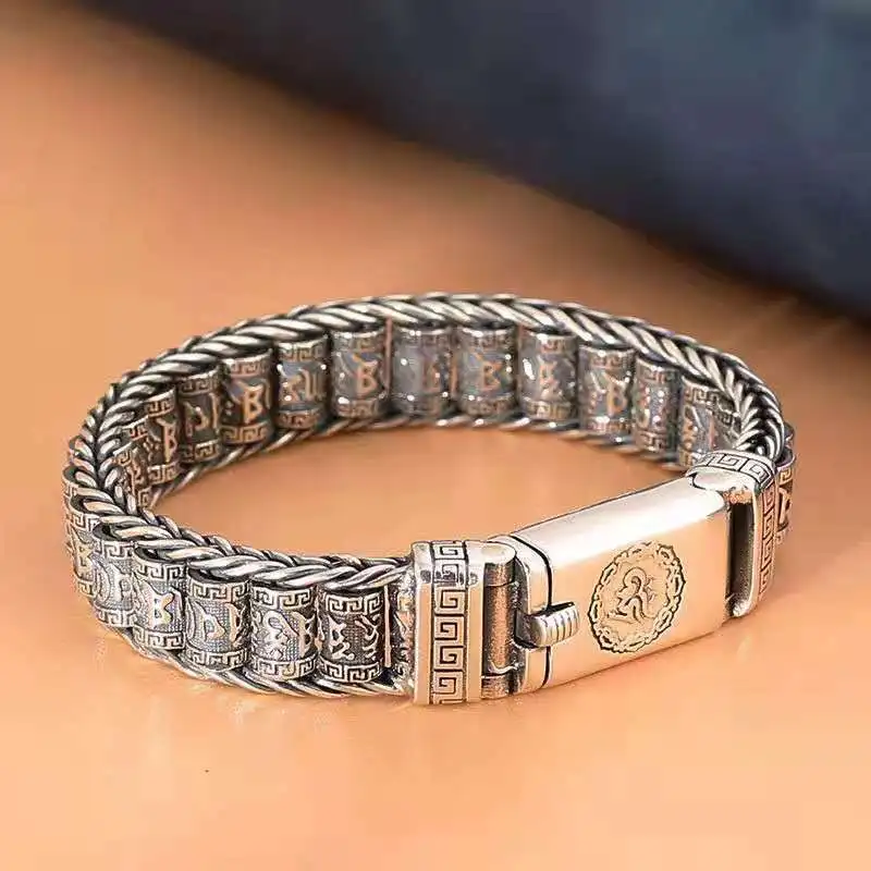 

2023 Handmade Creative Lucky Buddhist Scripture Bracelets Men Turn Beads Retro Six-character Mantra Personalized Accessories