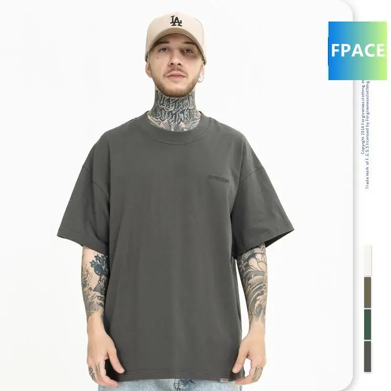 

Men's Clothing Summer Trendy Brand Small Letter Embroidered High Street Solid Color Washed Loose round Neck Short Sleeve Tshirt