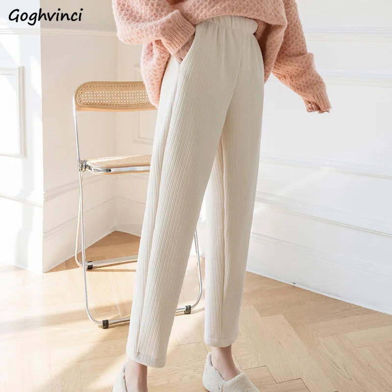 

Pants Women Elastic Waist Solid Corduroy Ulzzang Leisure Ankle-length Trouser Loose Basic All-match Elegant College Simple Cozy