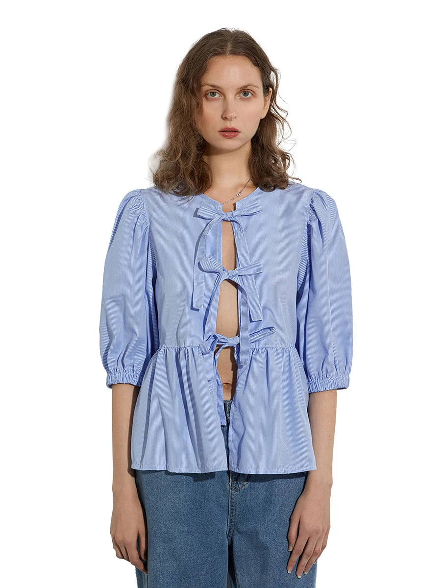 Women’s Bow Tie Front Tops Puff Sleeve Round Neck Striped Print Babydoll Shirts Spring Fall Blouses