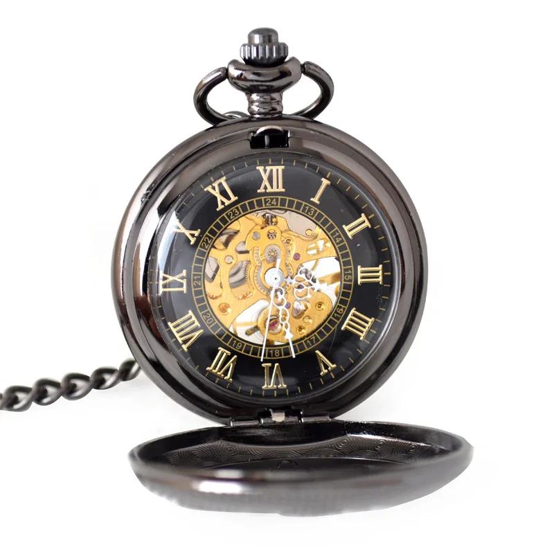 Luxury Steampunk Mechanical Pocket Watch for Men Women Hollow Skeleton Case Vintage Roman Numerals Dial Fob Chain Pendant Clock