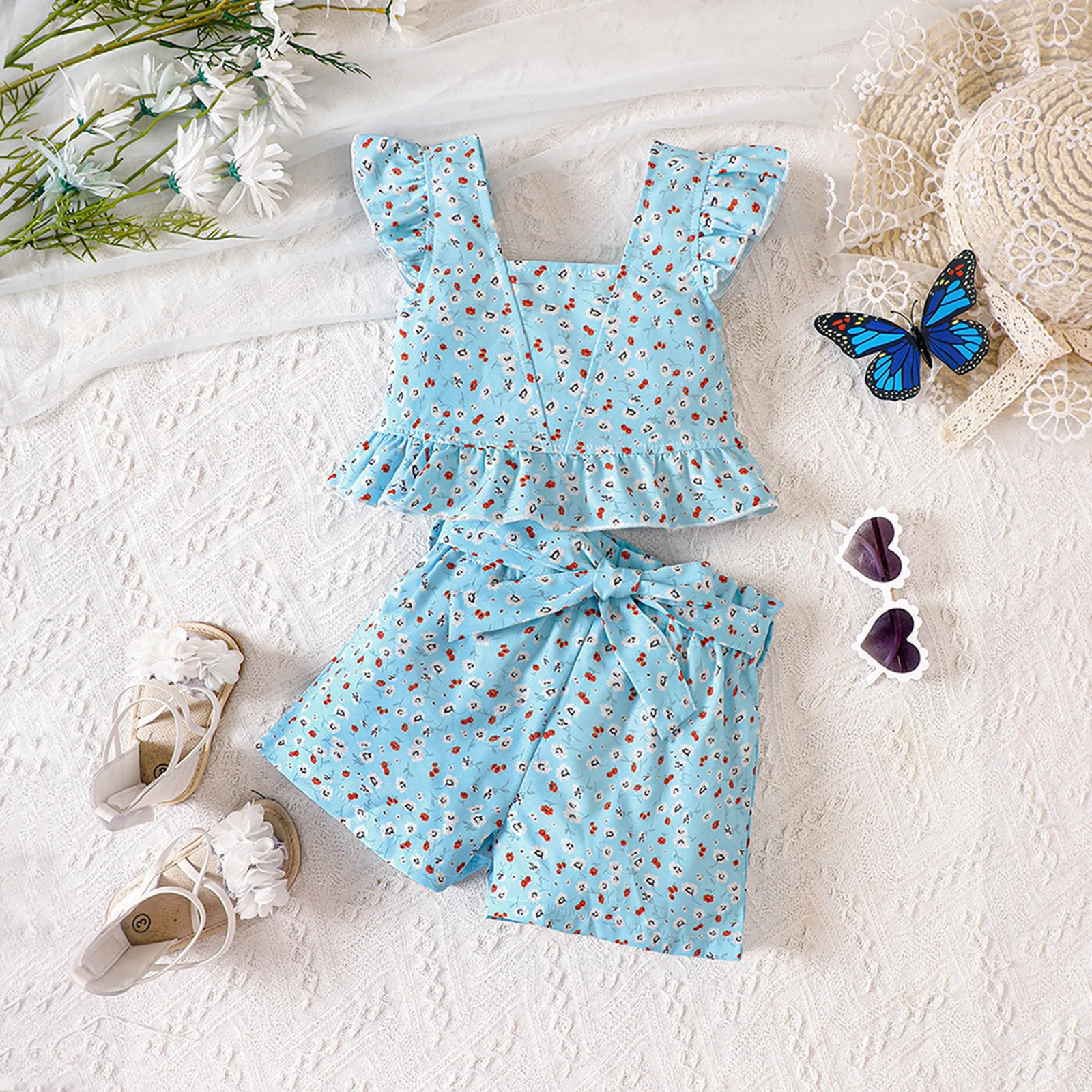 

Toddler Girls Fly Sleeve Casual Vest Tops And Floral Prints Shorts 2PCS Set&Outfits Teen Girl Outfits