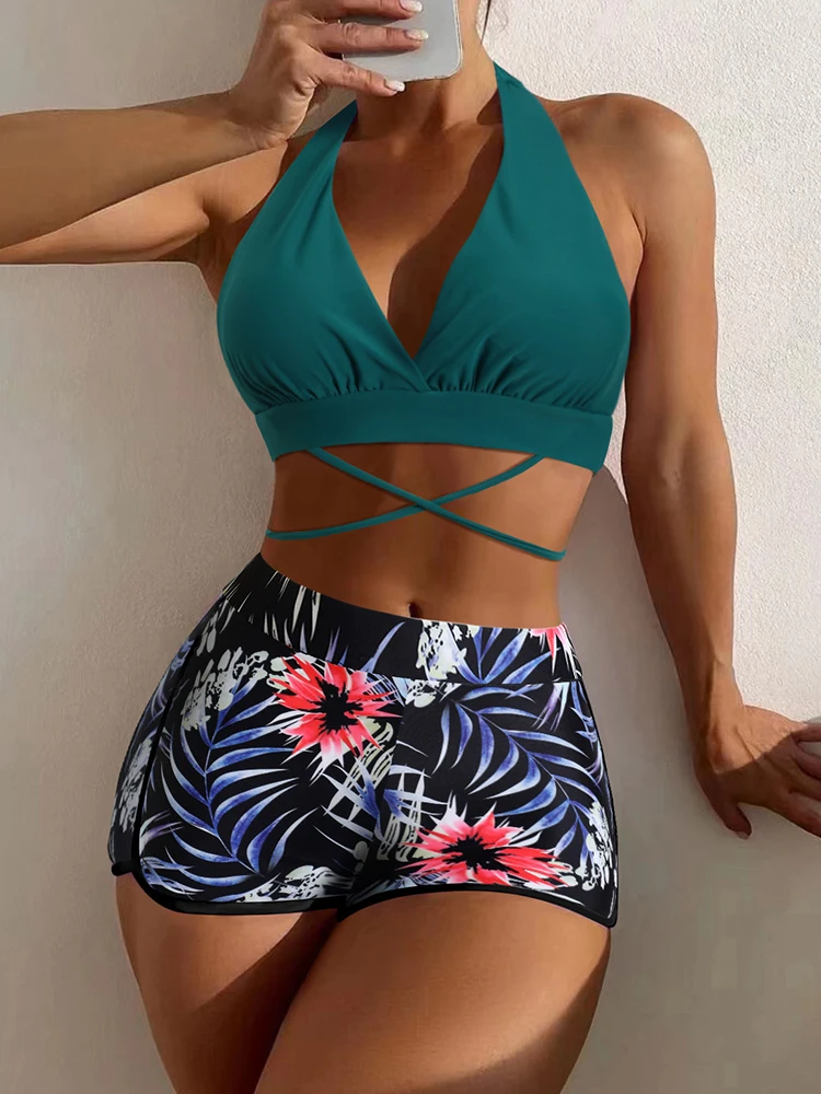

Комплект бикини 2023, короткий купальник с цветочным принтом, женский купальник с высокой талией, женский купальный костюм, пляжная одежда дл...