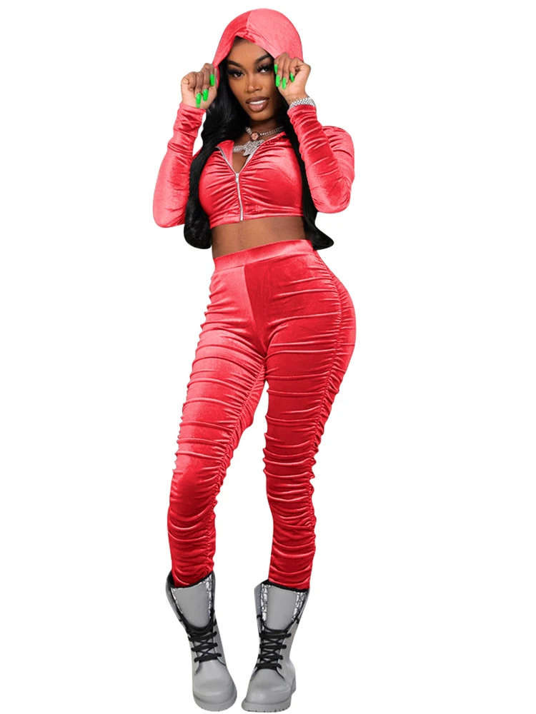 

African Clothes Velvet Tracksuit Set Women Hooded Crop Tops And Pant Suit Autumn New Solid Velour Skinny Draped African Outfits